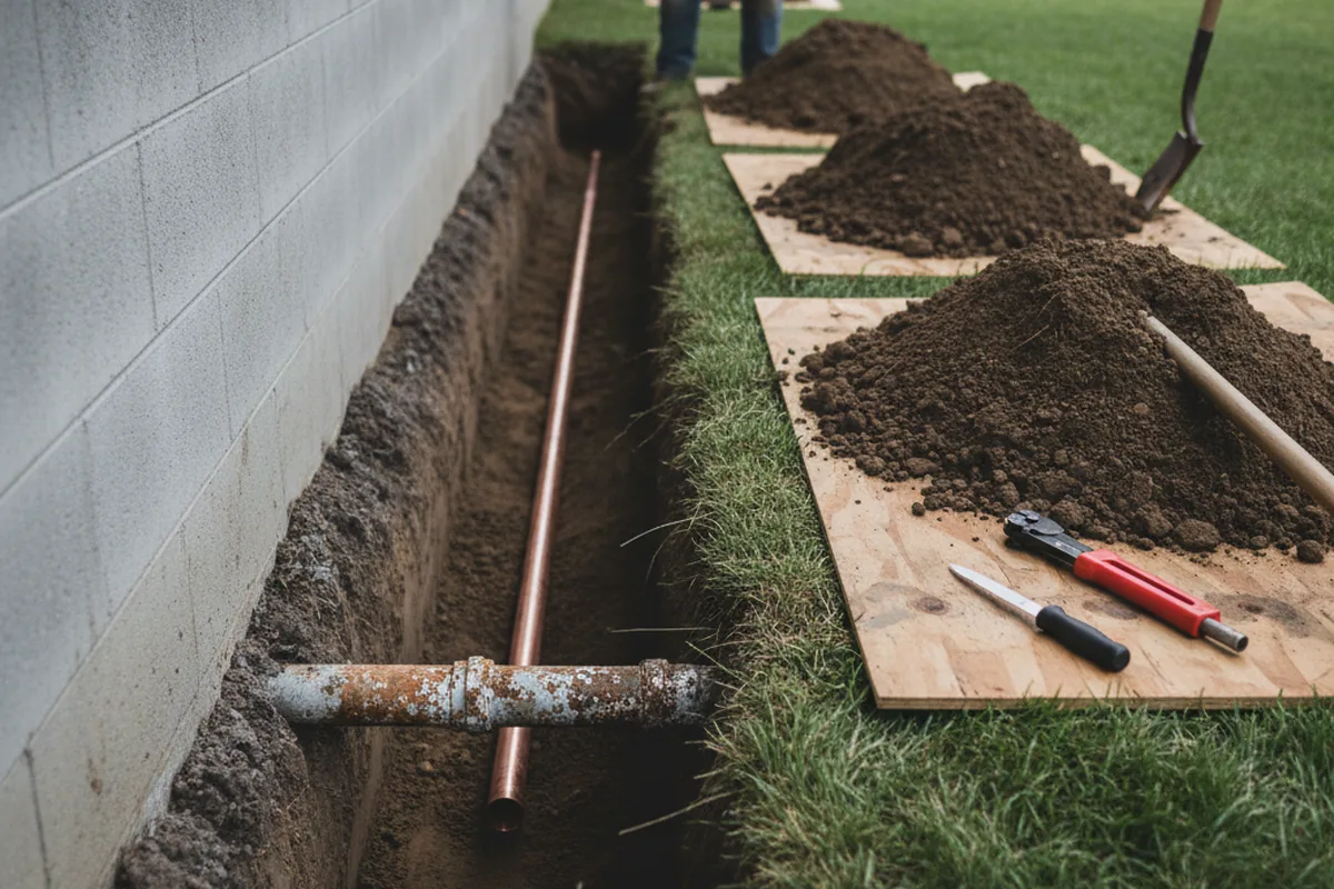 Excavated water line trench during Water Softener Installation in Northville